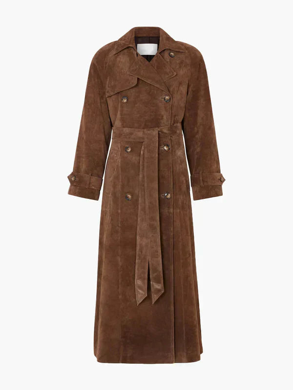Bruin Lange Suèdelook Trenchcoat met Ceintuur voor Vrouwen