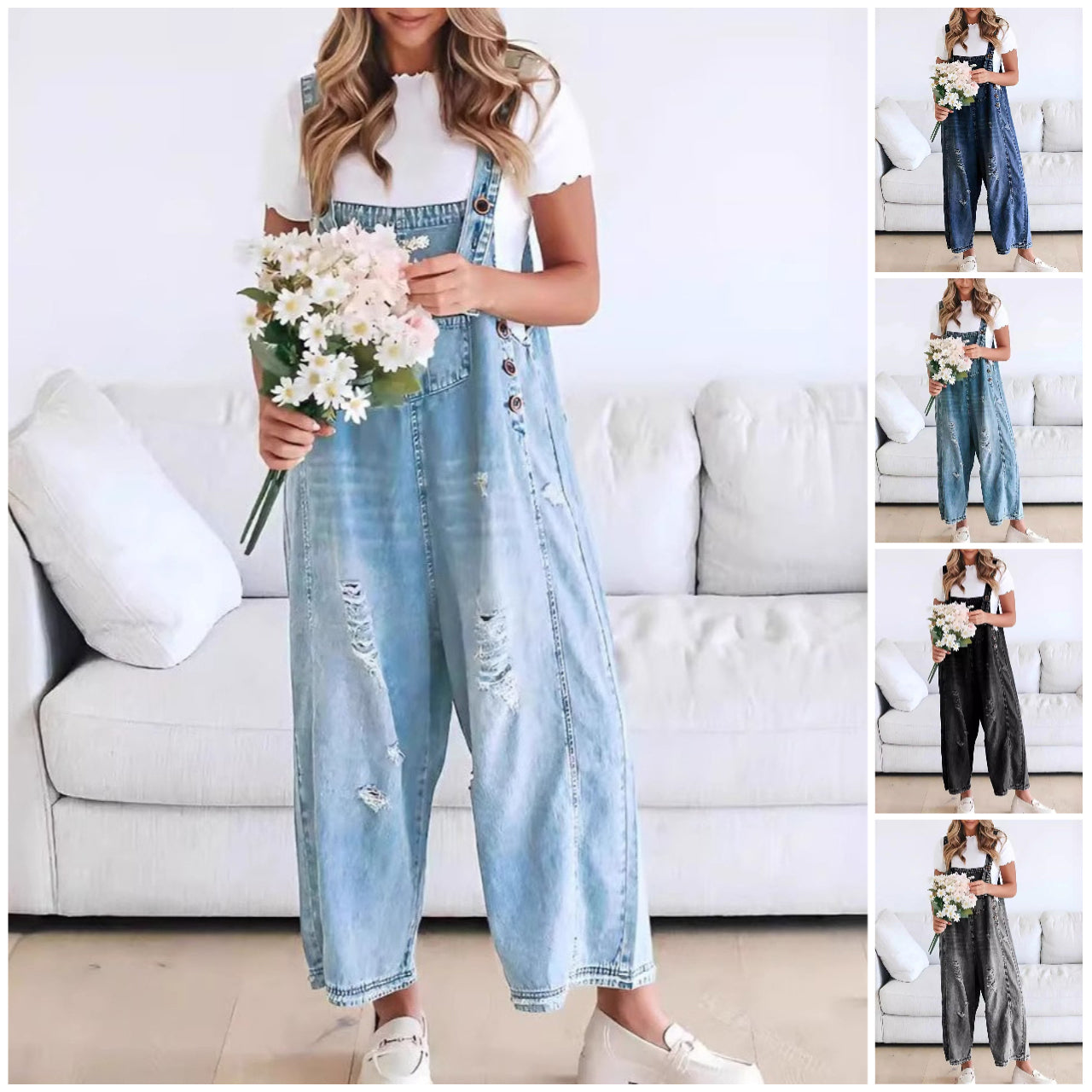 Schattige Casual Jumpsuit met Knopen – Gescheurde Denim Tuinbroek voor Dames