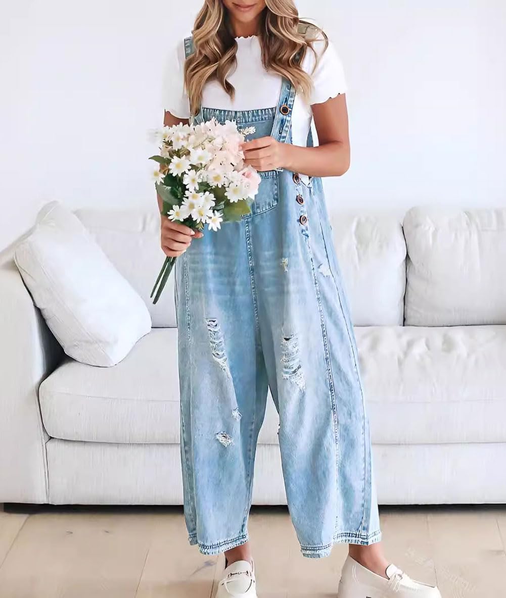 Schattige Casual Jumpsuit met Knopen – Gescheurde Denim Tuinbroek voor Dames
