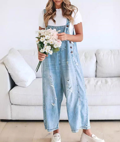 Schattige Casual Jumpsuit met Knopen – Gescheurde Denim Tuinbroek voor Dames