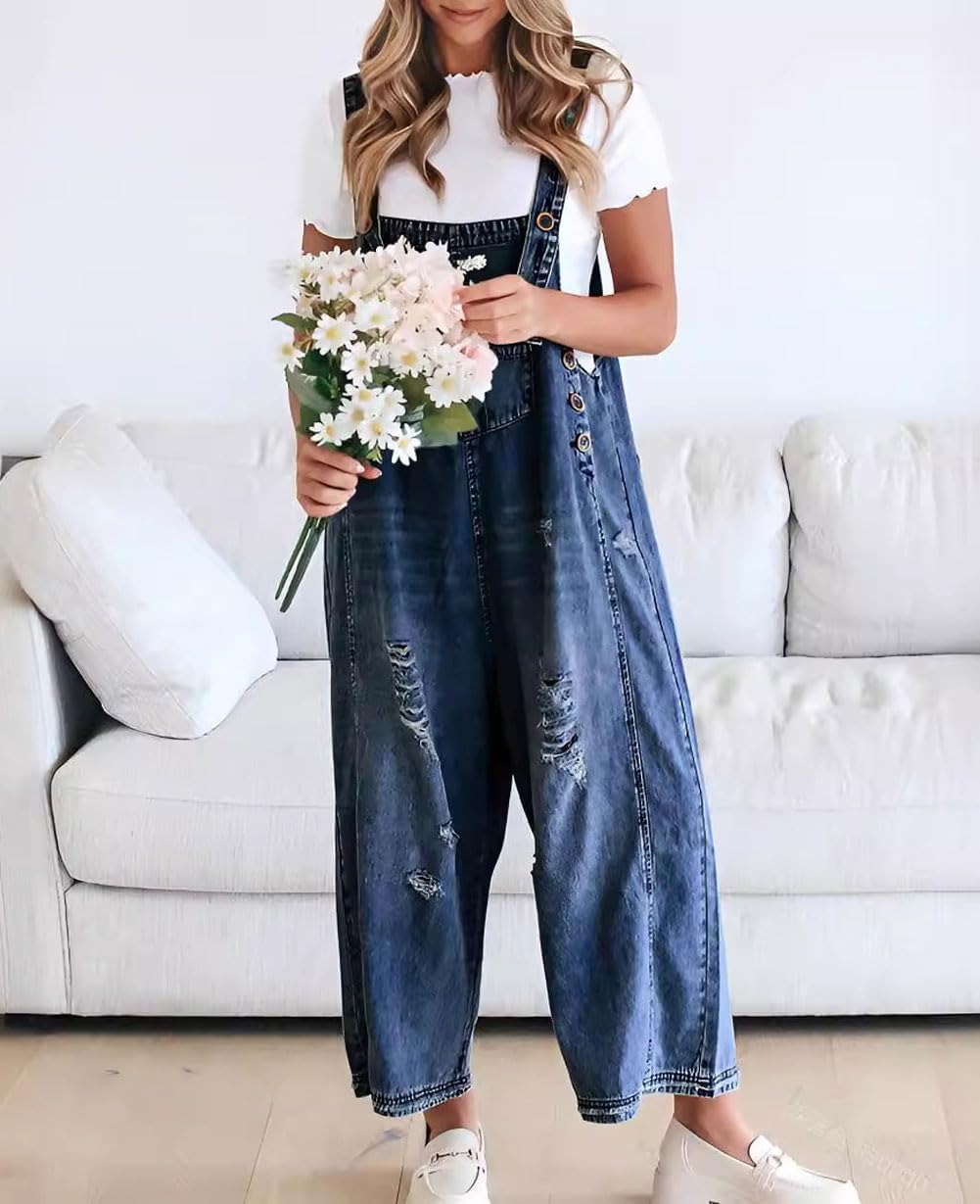 Schattige Casual Jumpsuit met Knopen – Gescheurde Denim Tuinbroek voor Dames