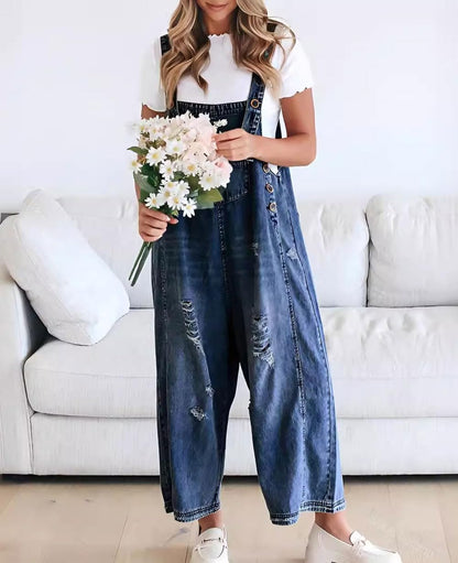 Schattige Casual Jumpsuit met Knopen – Gescheurde Denim Tuinbroek voor Dames