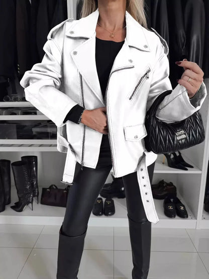 Oversized Dames PU-Leren Bikerjack met Riem en Reverskraag