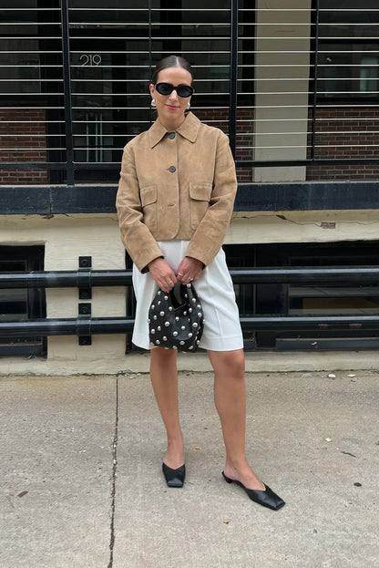 Getailleerde Dames Jas met Suede Look en Korte Pasvorm