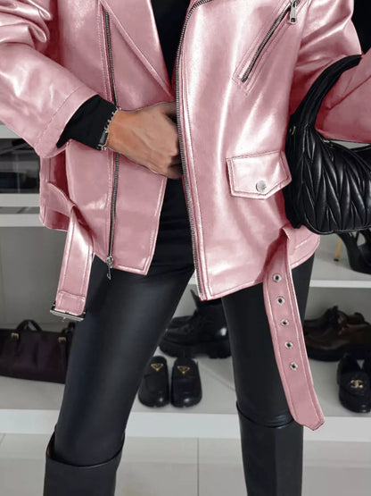 Oversized Dames PU-Leren Bikerjack met Riem en Reverskraag