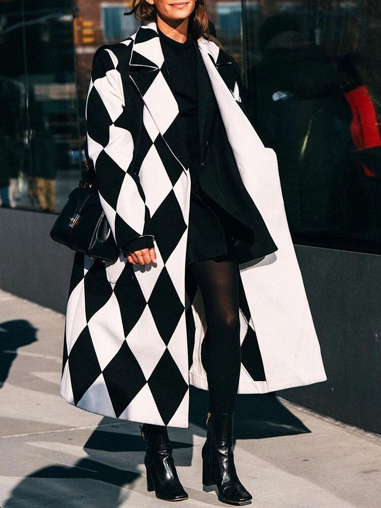 Luxe Elegante Dames Wollen Mantel Jas met Print