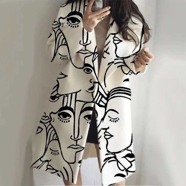 Luxe Elegante Dames Wollen Mantel Jas met Print