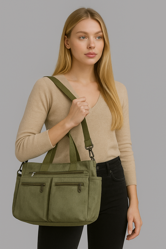 Sac bandoulière tendance en velours côtelé pour femme, avec plusieurs compartiments