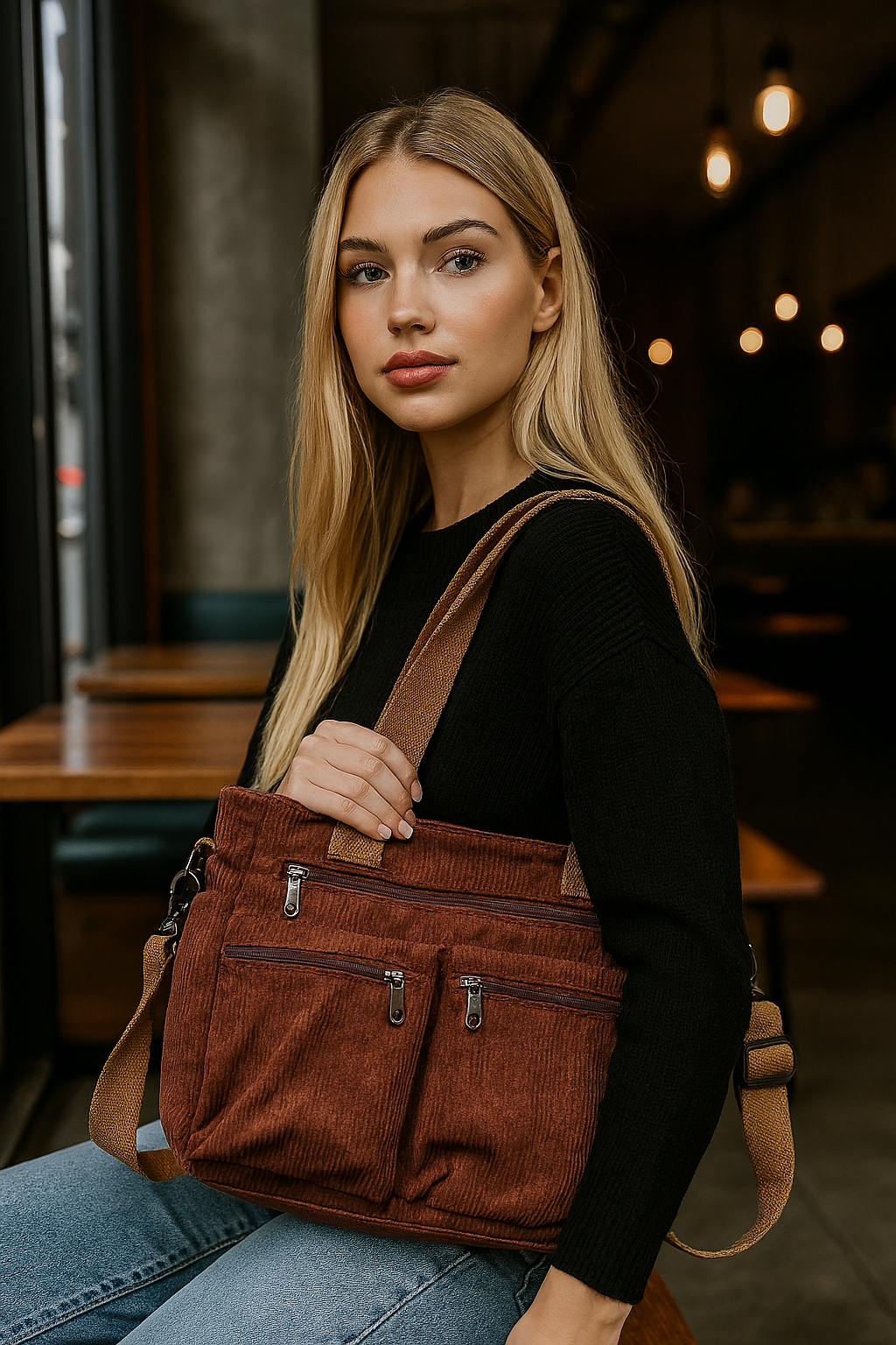 Sac bandoulière tendance en velours côtelé pour femme, avec plusieurs compartiments