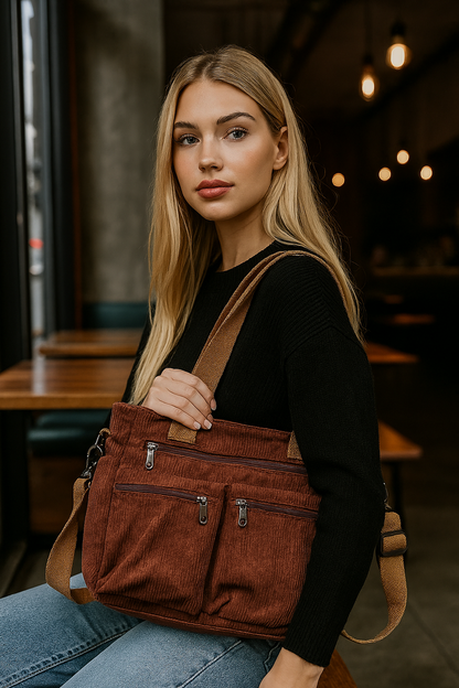 Sac bandoulière tendance en velours côtelé pour femme, avec plusieurs compartiments