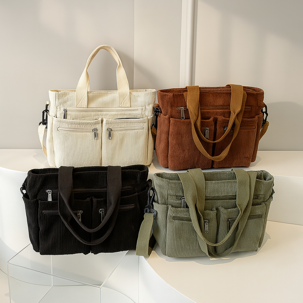 Sac bandoulière tendance en velours côtelé pour femme, avec plusieurs compartiments