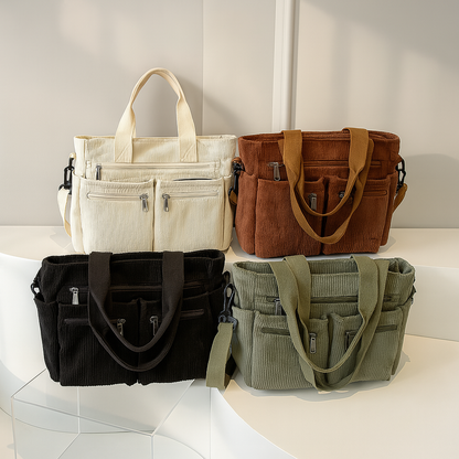 Sac bandoulière tendance en velours côtelé pour femme, avec plusieurs compartiments