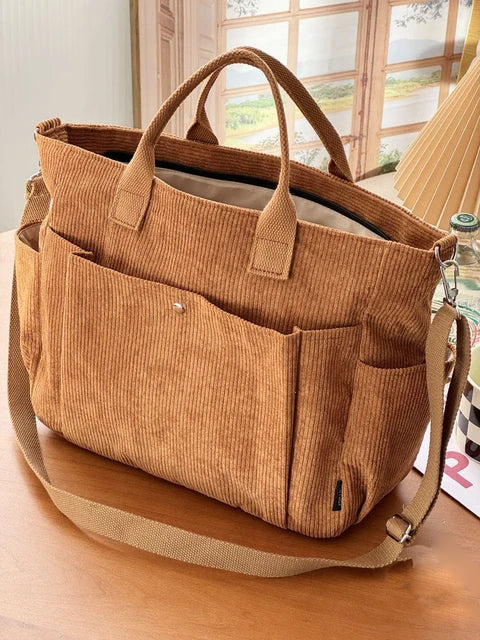 Corduroy Dames Schoudertas met Handvatten en Ruime Vakken