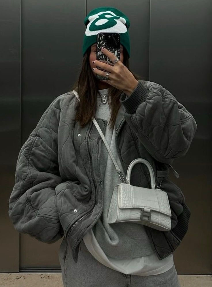 Grijs Oversized Dames Bomberjack Gewatteerd Winter Warm Met Rits En Zakken