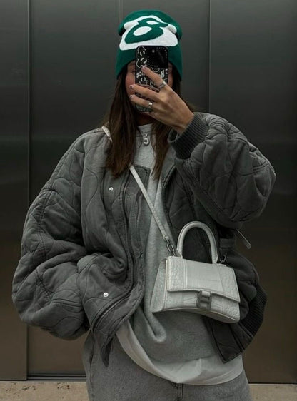 Grijs Oversized Dames Bomberjack Gewatteerd Winter Warm Met Rits En Zakken