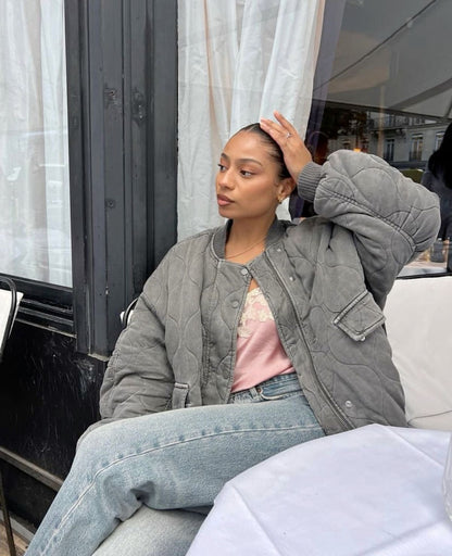 Grijs Oversized Dames Bomberjack Gewatteerd Winter Warm Met Rits En Zakken