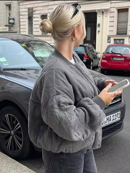 Grijs Oversized Dames Bomberjack Gewatteerd Winter Warm Met Rits En Zakken