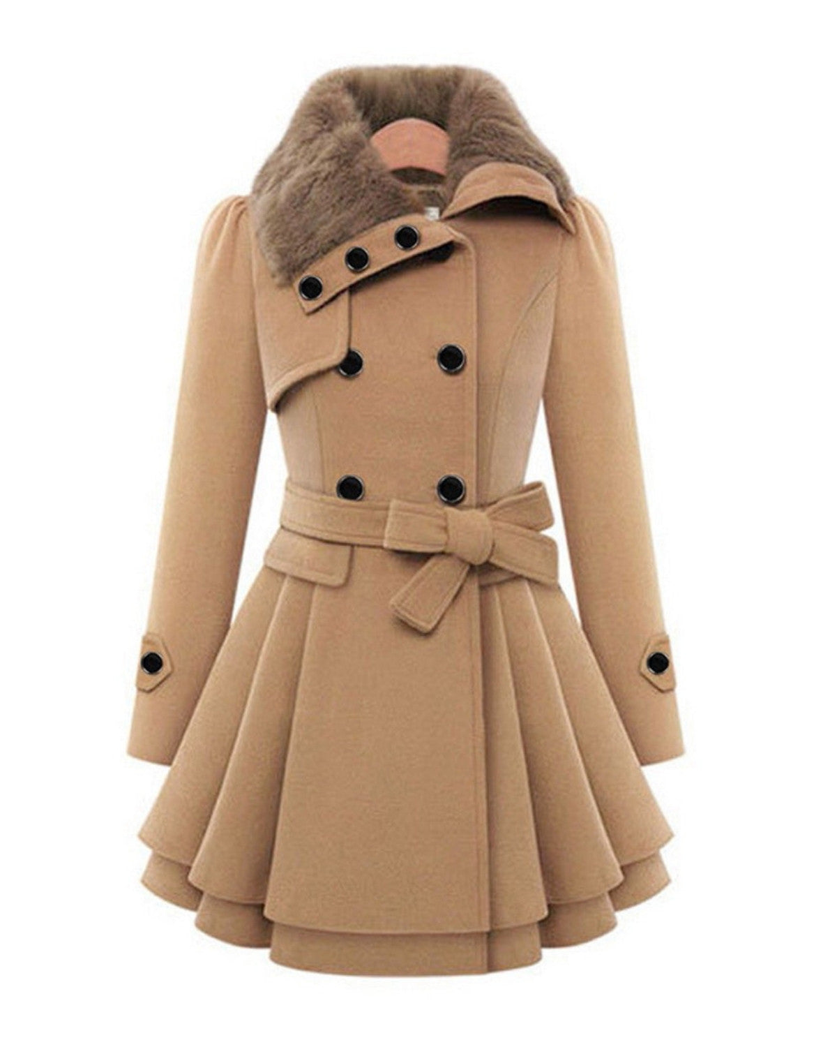 Dames Chique Winterse Wollen Winterjas met Bontkraag en Ceintuur