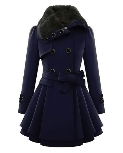 Dames Chique Winterse Wollen Winterjas met Bontkraag en Ceintuur