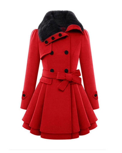 Dames Chique Winterse Wollen Winterjas met Bontkraag en Ceintuur