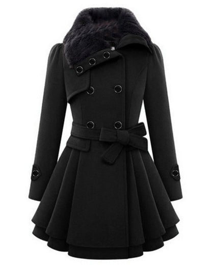 Dames Chique Winterse Wollen Winterjas met Bontkraag en Ceintuur