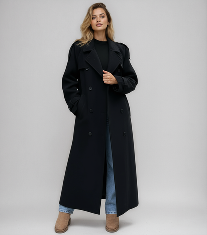 Zwarte Dames Lange Double Breasted Winterjas met Wolmix