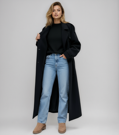 Zwarte Dames Lange Double Breasted Winterjas met Wolmix