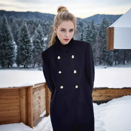 Dames Wollen Jas met Dubbele Knopen en Hoge Kraag