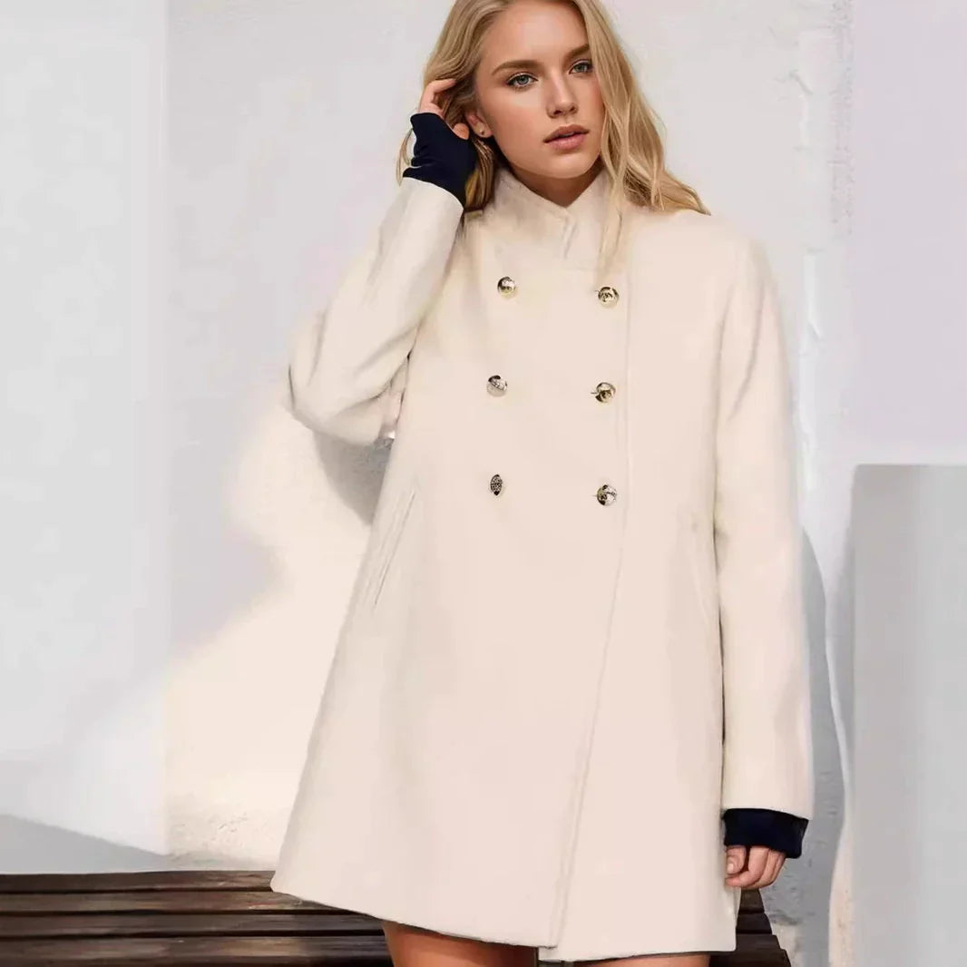 Dames Wollen Jas met Dubbele Knopen en Hoge Kraag