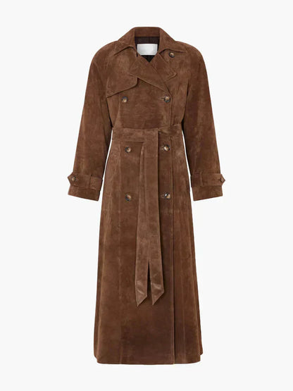 Bruin Lange Suèdelook Trenchcoat met Ceintuur voor Vrouwen