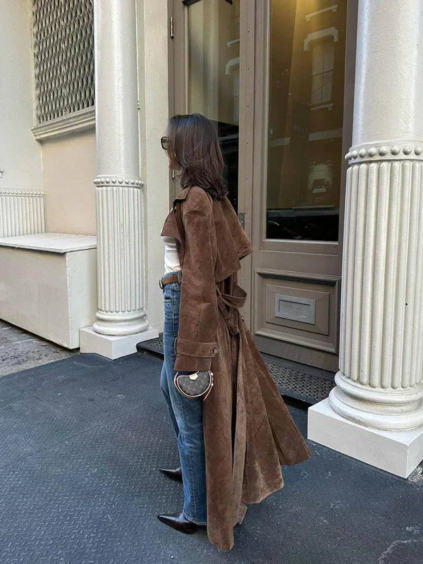 Bruin Lange Suèdelook Trenchcoat met Ceintuur voor Vrouwen