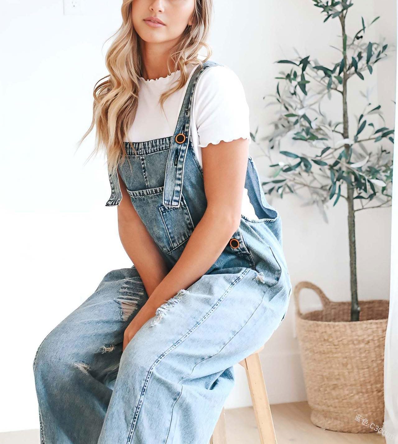 Schattige Casual Jumpsuit met Knopen – Gescheurde Denim Tuinbroek voor Dames