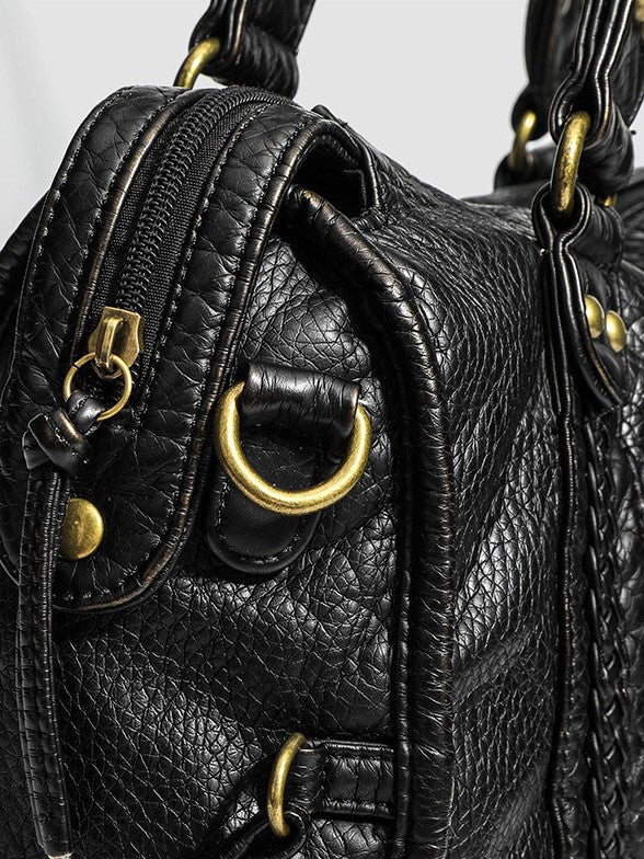 Sac à main noir de luxe pour femme avec fermeture éclair et finitions dorées