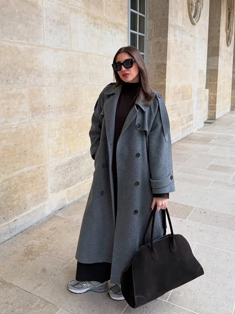 Lange Oversized Dames Mantel Jas met Dubbele Knoopsluiting