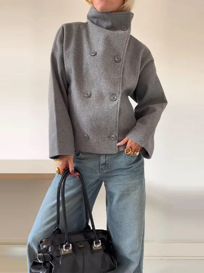 Wolblend Dames Jas met Hoge Kraag en Dubbele Knopen