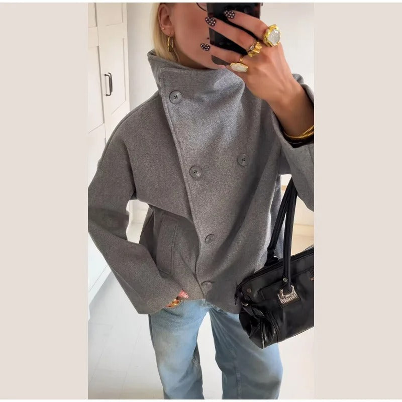 Wolblend Dames Jas met Hoge Kraag en Dubbele Knopen