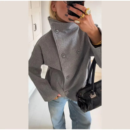 Wolblend Dames Jas met Hoge Kraag en Dubbele Knopen