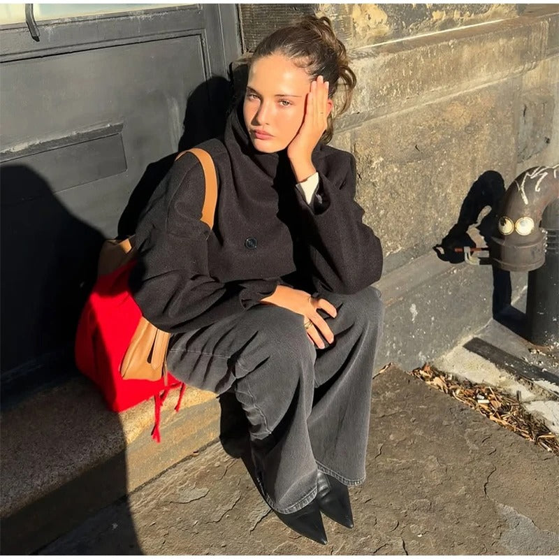 Wolblend Dames Jas met Hoge Kraag en Dubbele Knopen