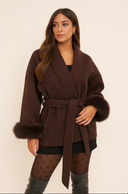 Luxe Dames Wolmix Jas met Ceintuur en Faux Fur Mouwen