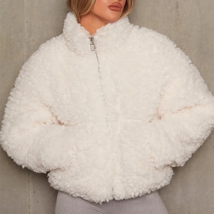 Trendy Oversized Teddy Jas voor Dames met Rits en Hoge Kraag