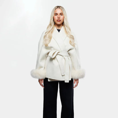 Luxe Dames Wolmix Jas met Ceintuur en Faux Fur Mouwen