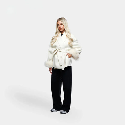 Luxe Dames Wolmix Jas met Ceintuur en Faux Fur Mouwen