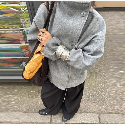 Wolblend Dames Jas met Hoge Kraag en Dubbele Knopen