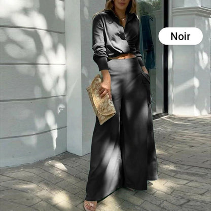 Elegante tweedelige set: top met lange mouwen en boord en broek met hoge taille