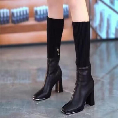 ✨Modieuze stretch gebreide laarzen met hoge, dikke hak voor dames
