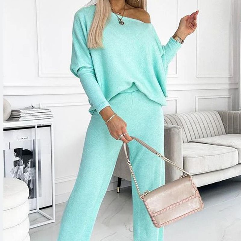 Damesset met effen kleur Drop Shoulder Pullover en losse broek
