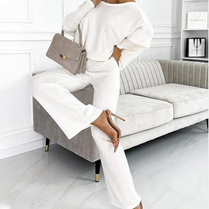 Damesset met effen kleur Drop Shoulder Pullover en losse broek