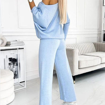 Damesset met effen kleur Drop Shoulder Pullover en losse broek