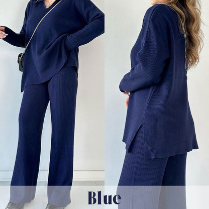 🔥Beperkte tijd aanbieding - 50% korting🔥V-hals Casual Split Gebreide Tweedelige Set