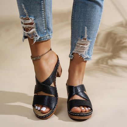 Dames Vintage Holle Chunky Hak Sandalen